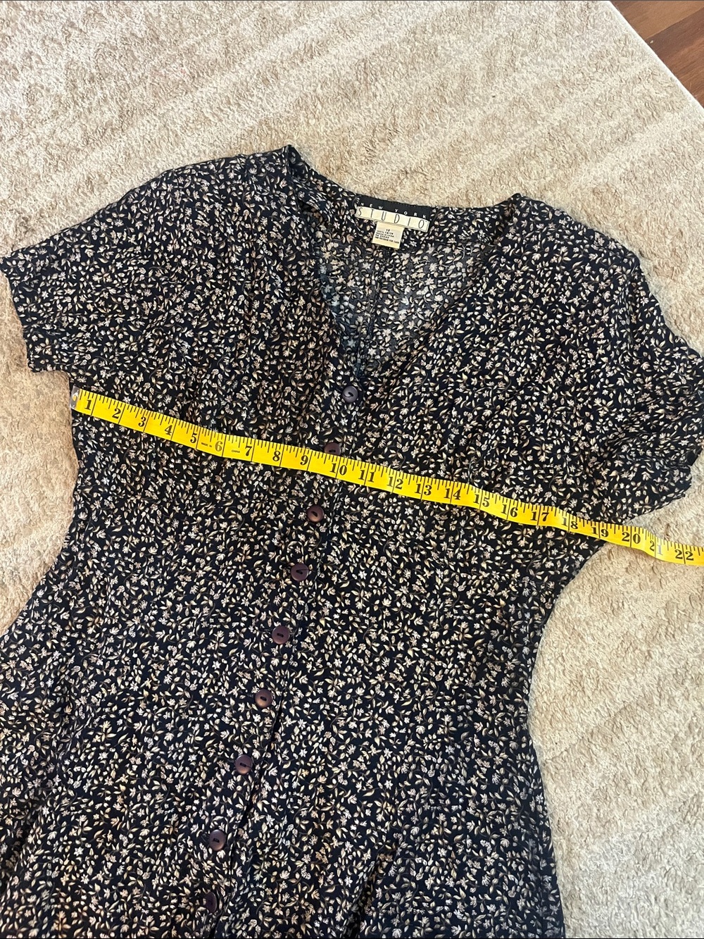 Vintage New York Studio Navy Floral Button-Front Midi Short Sleeve Dress 12 - Picture 5 of 7